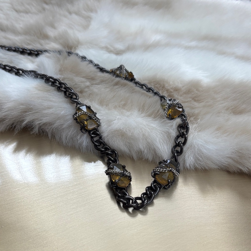 Thick Chunky Gun Metal Chain Necklace Olivine light green Stones 20" chain